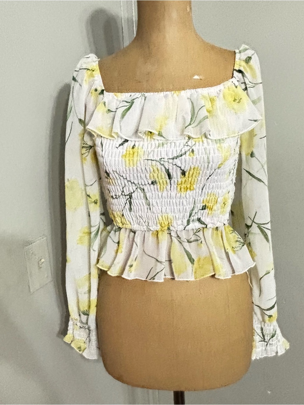 Love Yellow Floral Smocked Peplum Long-Sleeve Top